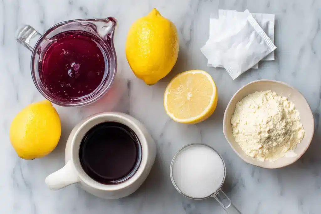 jennifer-ashton-gelatin-trick-ingredients Ingredients for the Jennifer Ashton Gelatin Trick recipe laid out on a kitchen counter.
