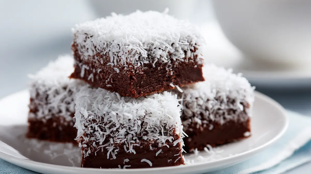 lamington recipe chocolate coating with coconut texture close up