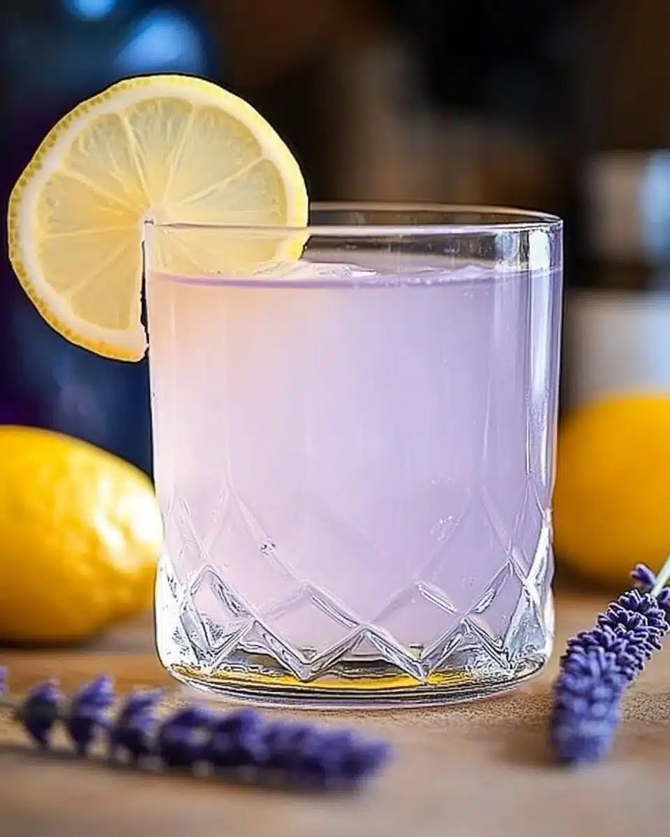 Lavender Lemon Drop Martini cocktail with lemon garnish and lavender sprigs