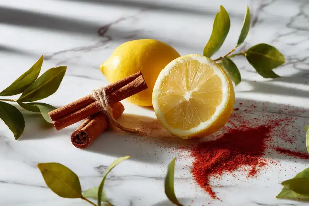 Fresh lemon cinnamon sticks and cayenne pepper spices for metabolism boost in coffee trick recipe
