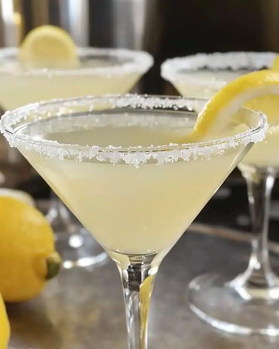 Refreshing Lemon Drop Martini cocktail garnished with sugar rim and lemon slice