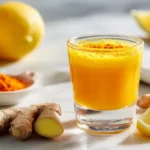 Lemon ginger cayenne shot in small glass with fresh ginger root, lemon slices and cayenne pepper on white marble countertop