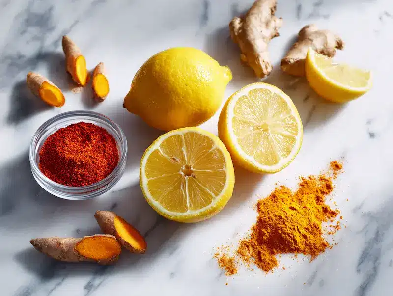 Fresh lemons cut in half with ginger and cayenne pepper for lemon ginger cayenne shot recipe