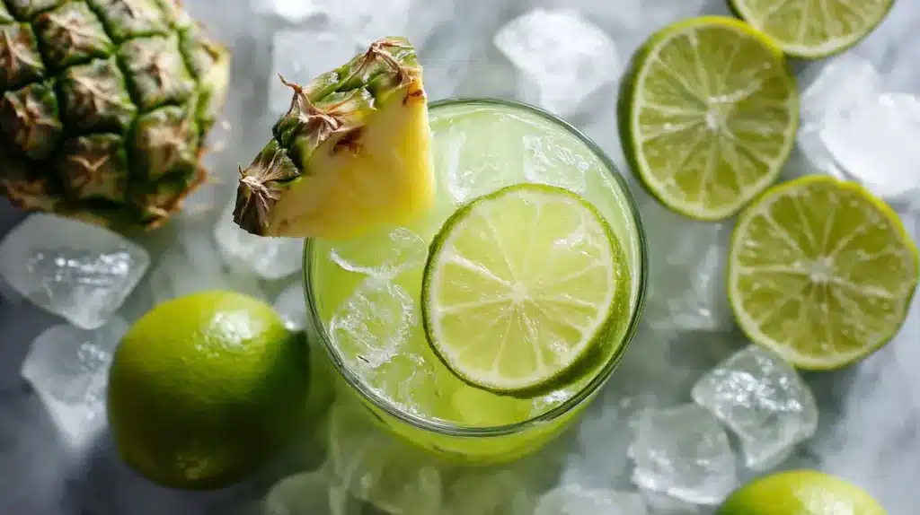 Liquid Maria Juana Mocktail Recipe (Easy Green Party Drink) 10 Liquid Maria Juana mocktail with lime and pineapple garnish on a light background