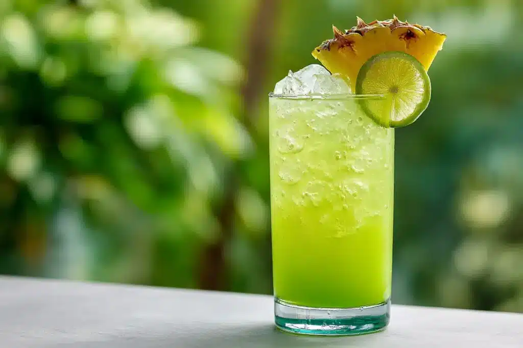 Liquid Maria Juana mocktail in a tall glass with ice, pineapple wedge, and lime garnish