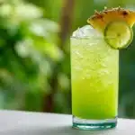 Liquid Maria Juana Mocktail Recipe (Easy Green Party Drink) 7 Liquid Maria Juana mocktail in a tall glass with ice, pineapple wedge, and lime garnish