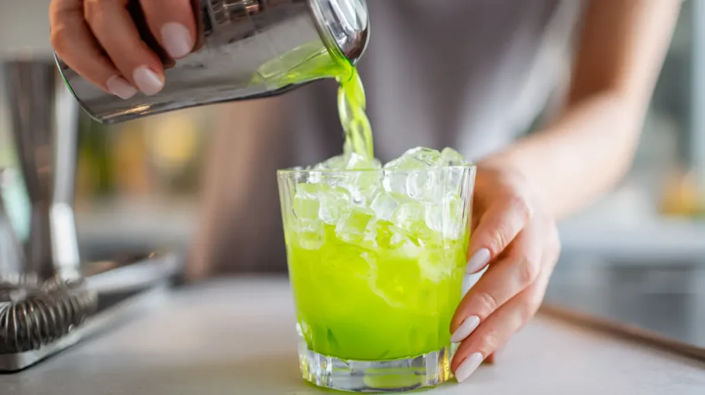 Liquid Maria Juana Mocktail Recipe (Easy Green Party Drink) 8 Liquid Maria Juana mocktail being poured from a shaker into a glass with ice