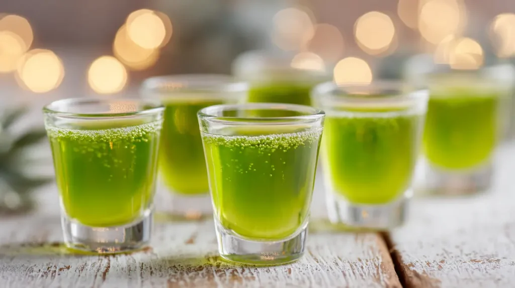 Liquid Maria Juana Mocktail Recipe (Easy Green Party Drink) 9 Liquid Maria Juana mocktail shots lined up in small glasses on a tray