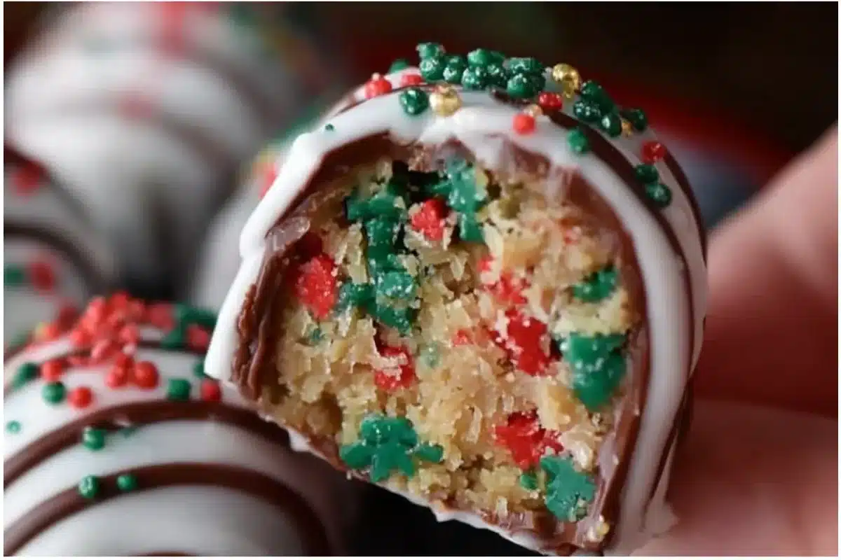 Delicious Little Debbie Christmas Tree Cake truffles decorated for the holidays.