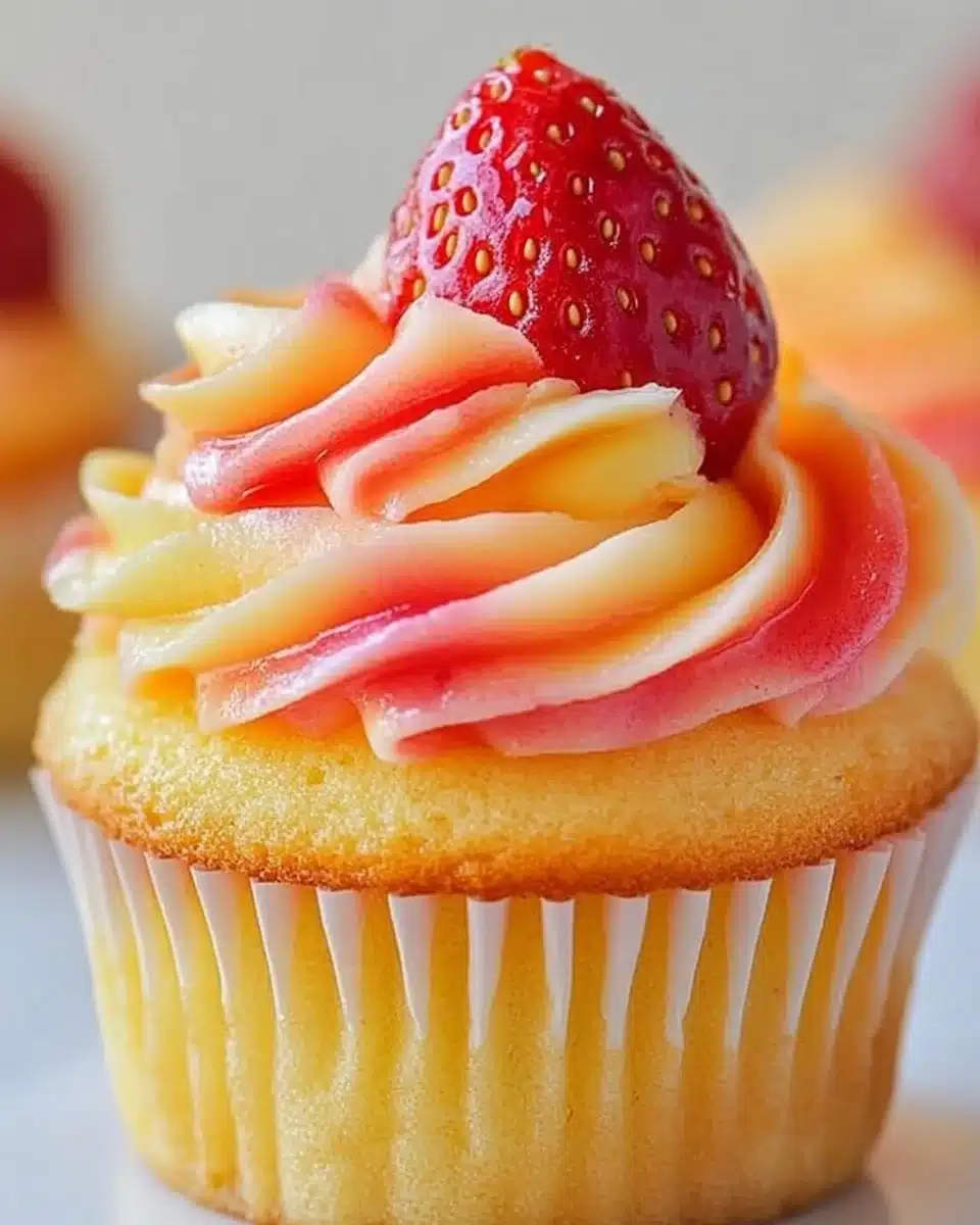 Mango Strawberry Cupcakes with a vibrant sunset decoration