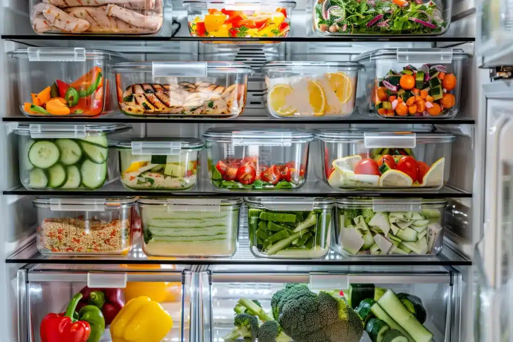 meal-prep-fridge-organization Organized refrigerator with glass meal prep containers for weekly semaglutide diet plan