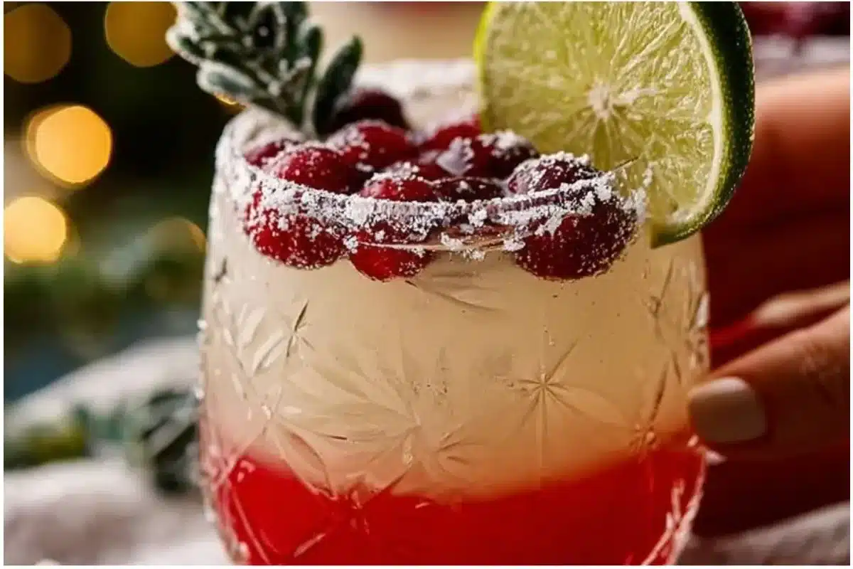 Mistletoe Margarita cocktail garnished with fresh cranberries and lime.