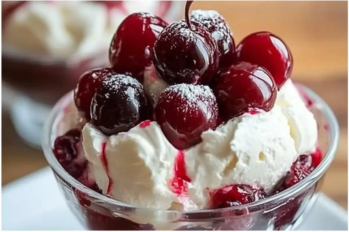 No-Bake Christmas Cherry Bliss dessert with cherries on a festive plate
