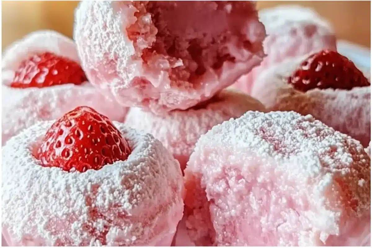 No-bake strawberry cheesecake bites topped with fresh strawberries.