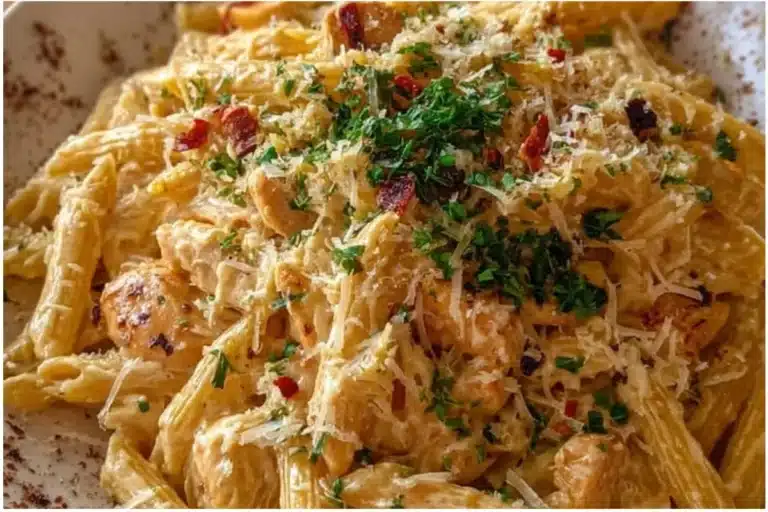 One Pot Creamy Garlic Pasta in a bowl, garnished with parsley.