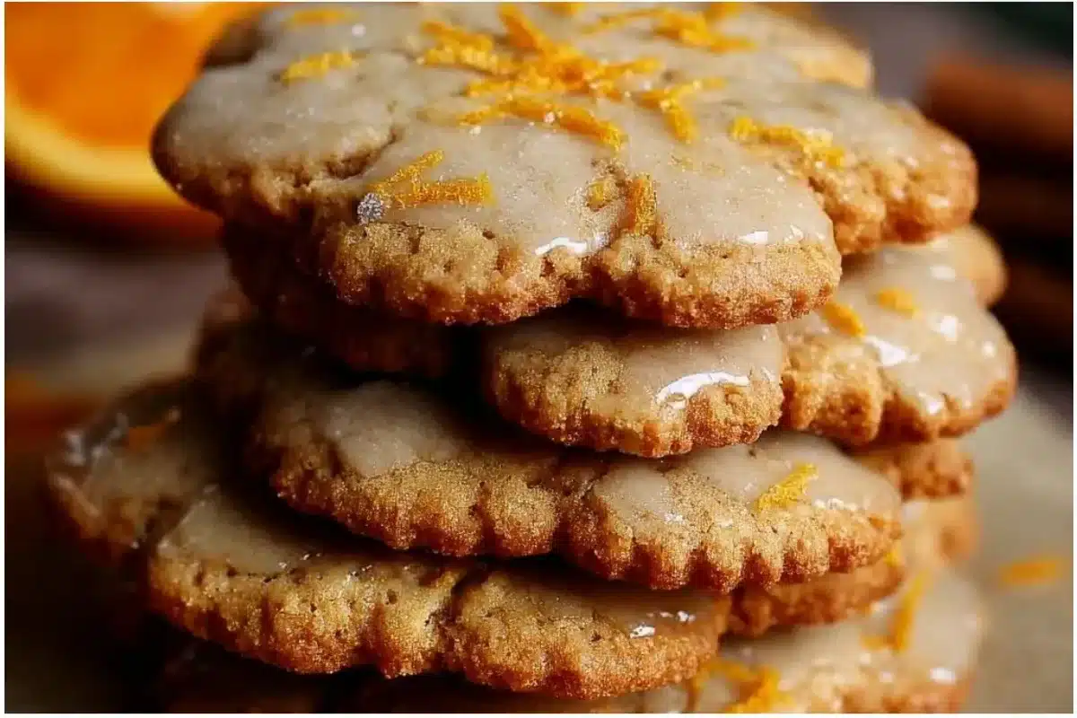 Freshly baked orange clove cookies on a rustic wooden table