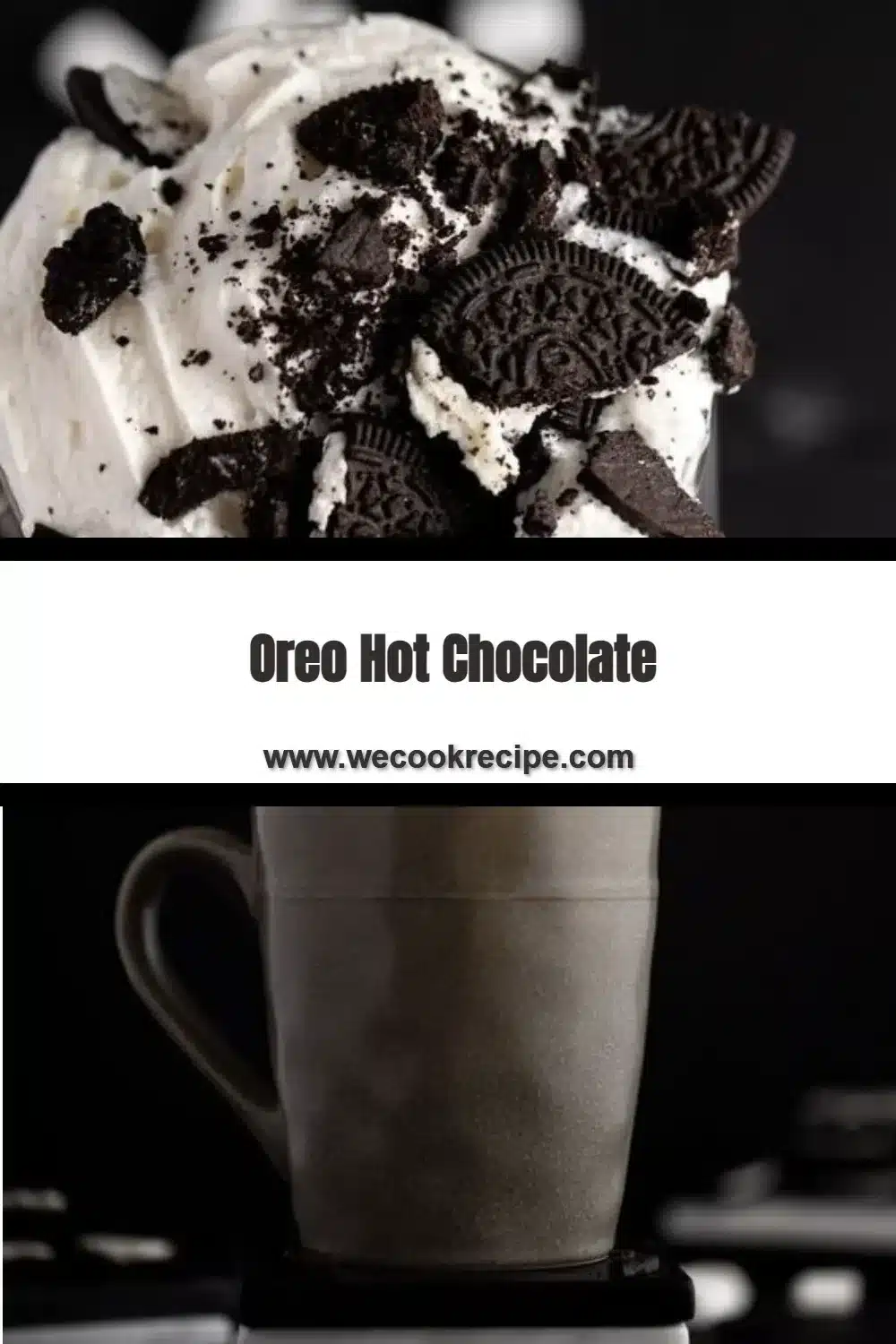 A delicious cup of Oreo Hot Chocolate topped with whipped cream and Oreo pieces.