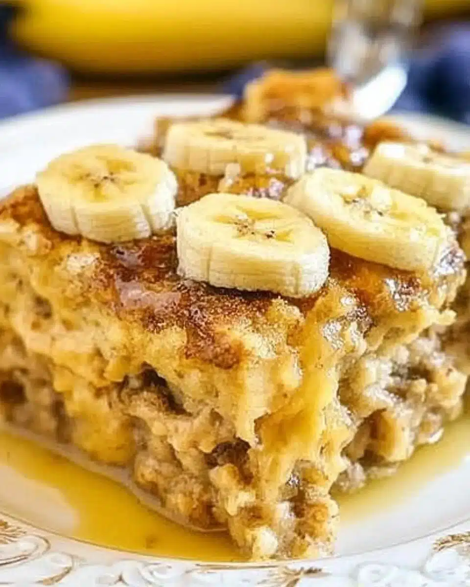 Overnight Baked Banana French Toast Casserole topped with sliced bananas and syrup