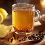 Warm pepper trick tonic in clear glass mug with fresh lemon slices black peppercorns and pink Himalayan salt on wooden cutting board