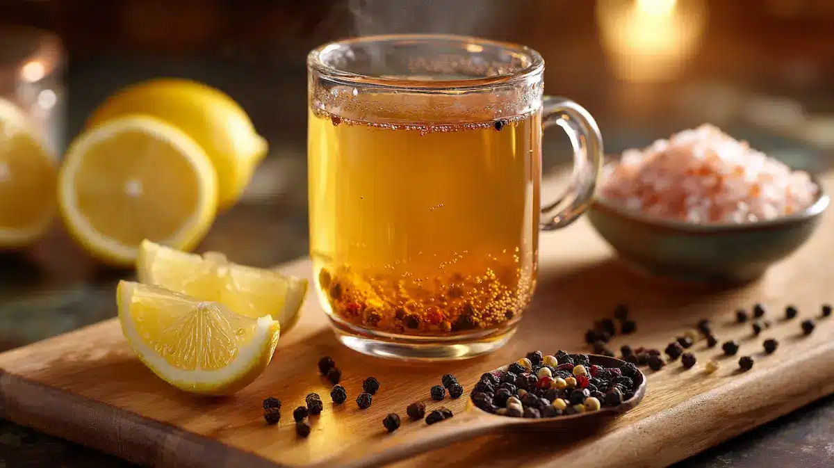 Warm pepper trick tonic in clear glass mug with fresh lemon slices black peppercorns and pink Himalayan salt on wooden cutting board