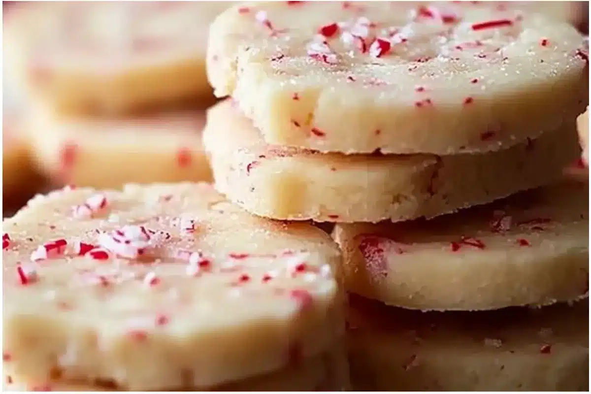 Peppermint shortbread cookies arranged on a festive plate