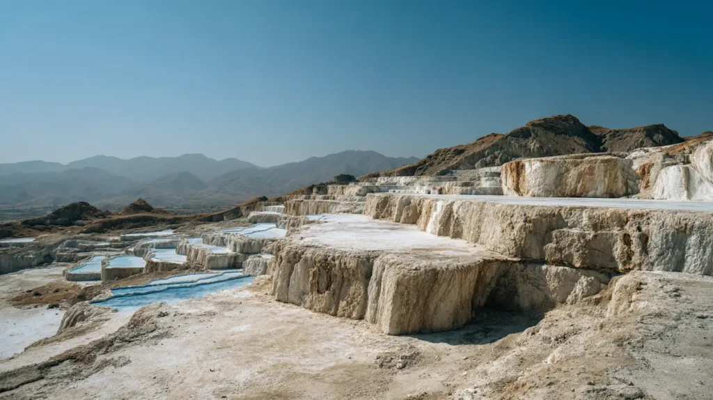 persian-blue-salt-mines-iran Ancient salt mine landscape in Semnan, Iran, showing the geological origin of Persian blue salt.