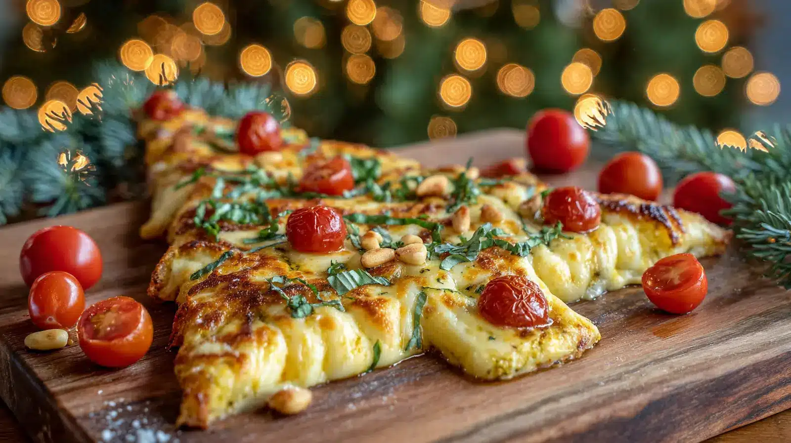 Pesto Cheese Christmas Tree appetizer decorated with holiday ornaments