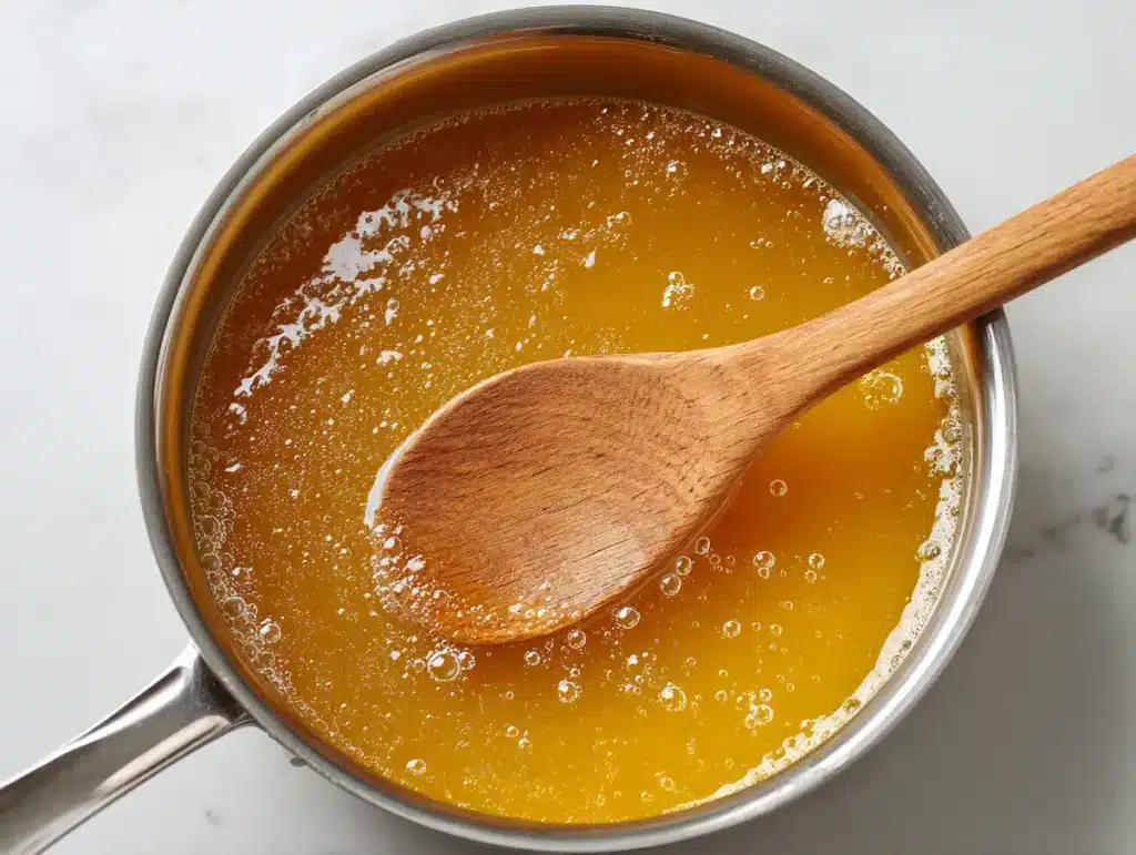 Hot pickling brine with vinegar, water, salt, and sugar in stainless saucepan