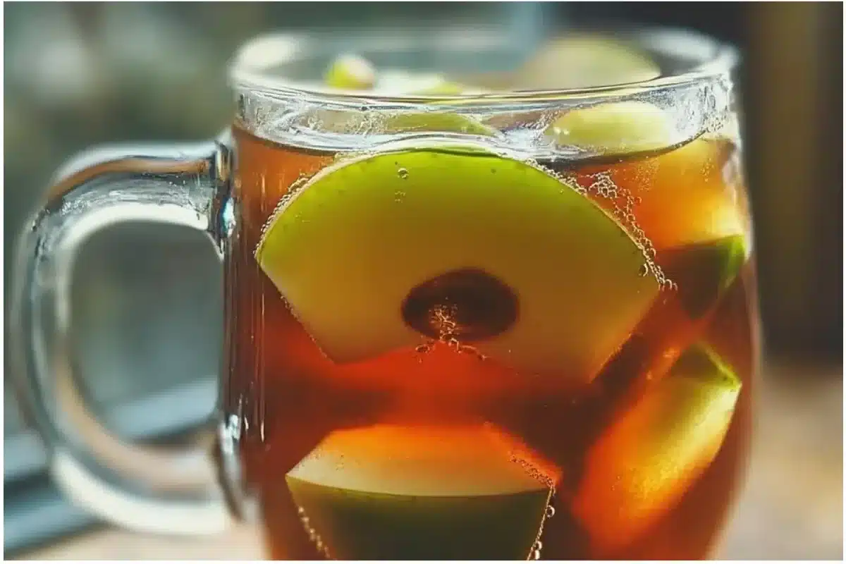 A glass of poisoned apple cider surrounded by spooky autumn leaves.