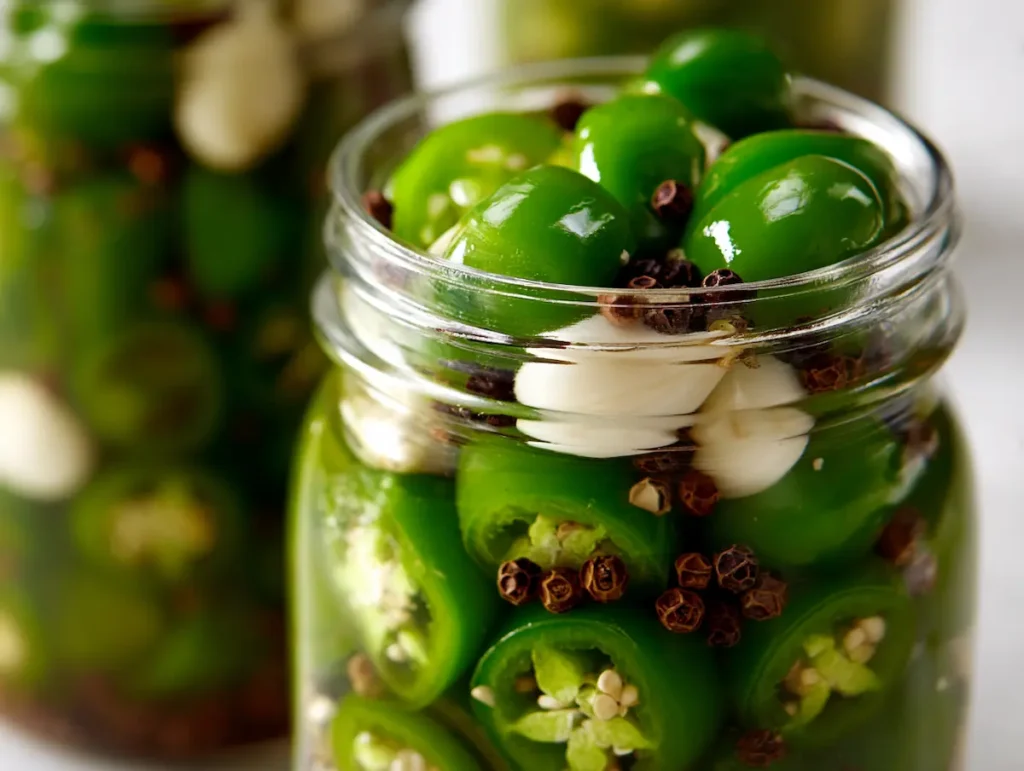 Pouring hot pickling brine over jalapeño rings for crisp pickled jalapeños in mason jar with proper headspace
