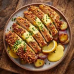 Pretzel-crusted chicken served with mustard-cheddar sauce on a plate.