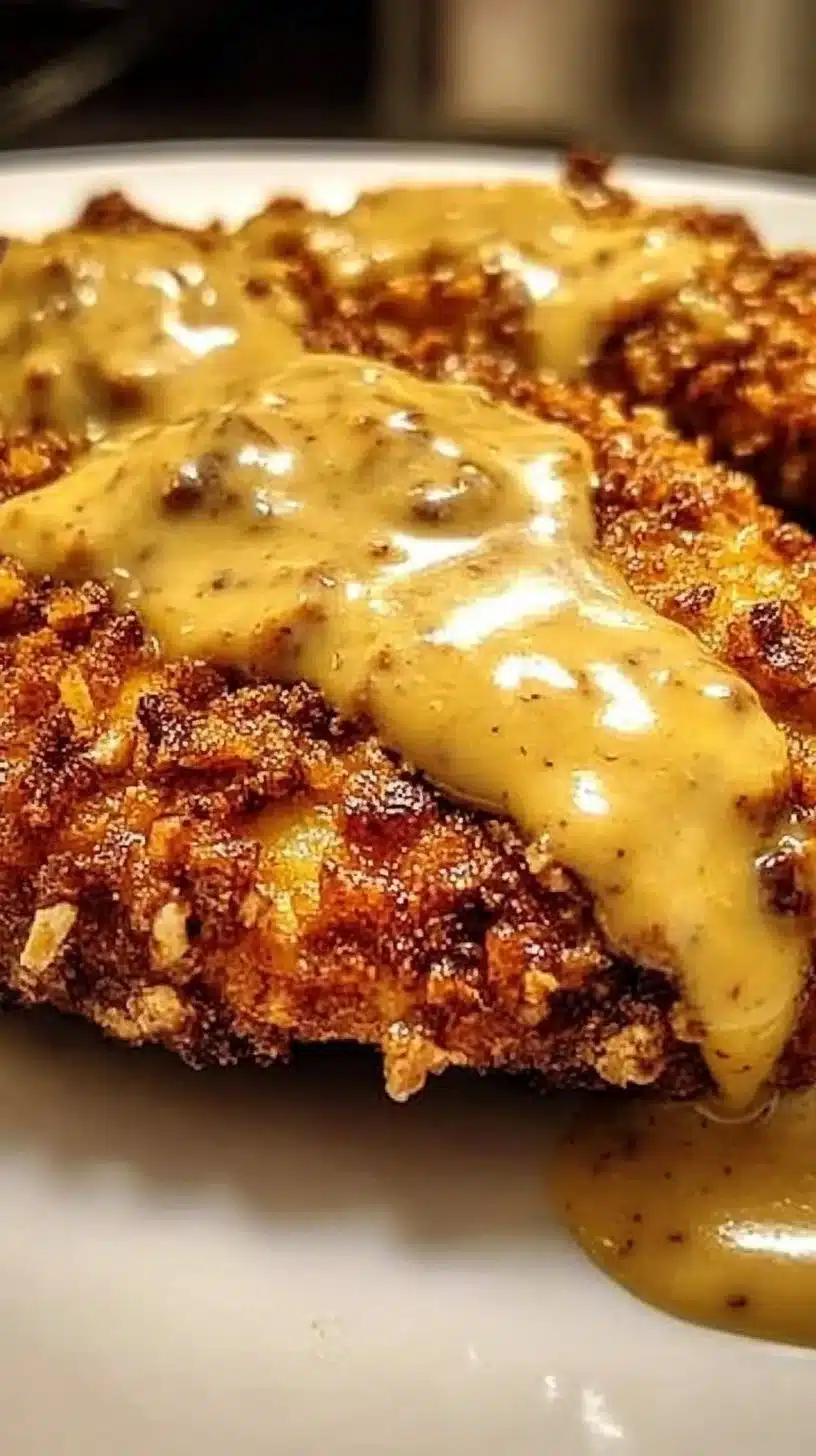 Pretzel-crusted chicken served with mustard-cheddar sauce on a plate.