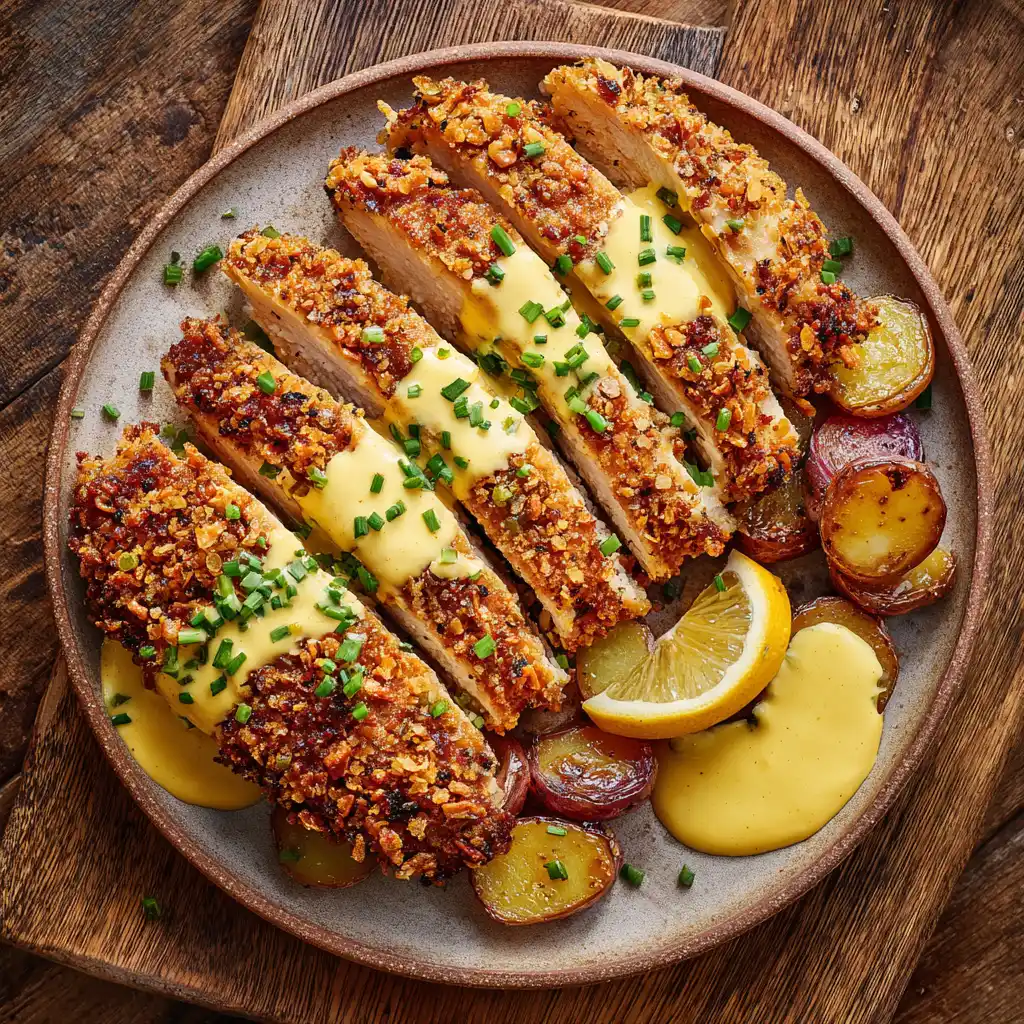 Pretzel-crusted chicken served with mustard-cheddar sauce on a plate.