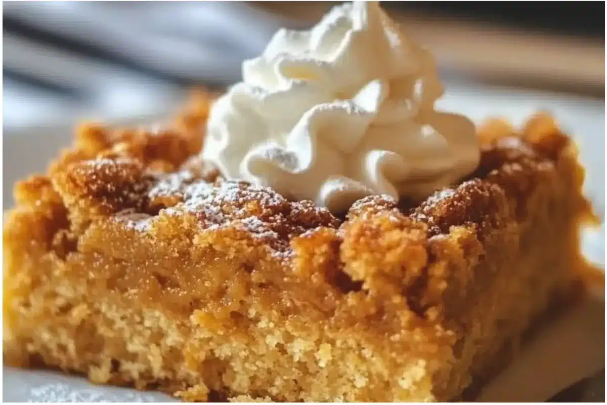 Delicious pumpkin pie dump cake topped with whipped cream and spices