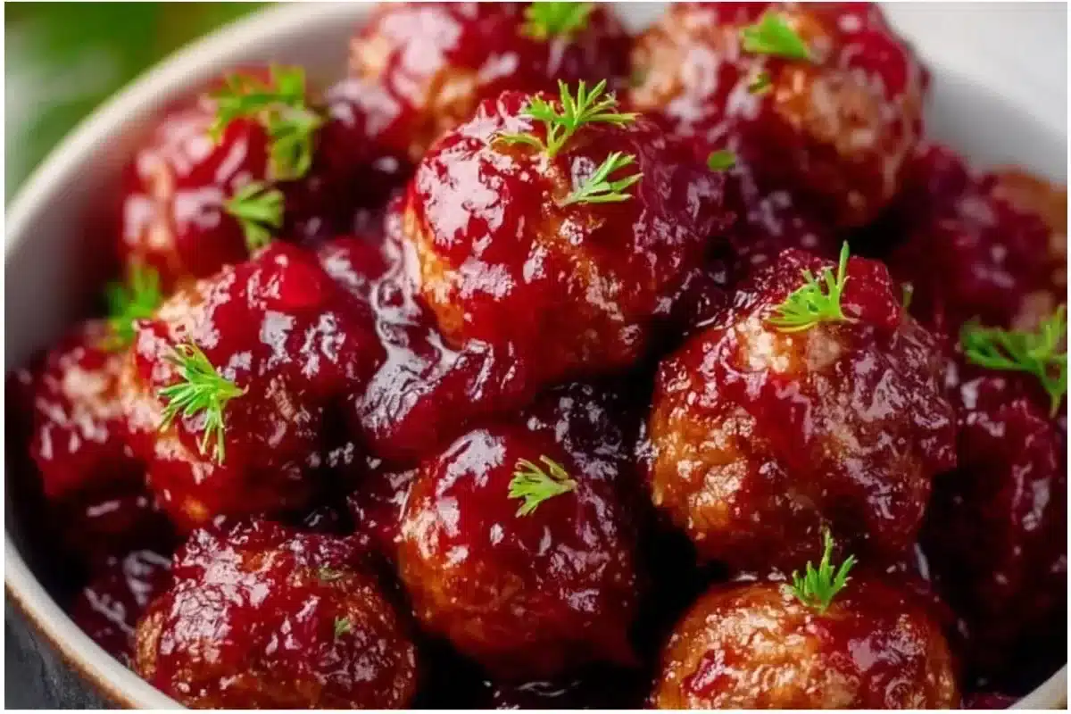 Plate of quick cranberry meatballs ready for Christmas dinner