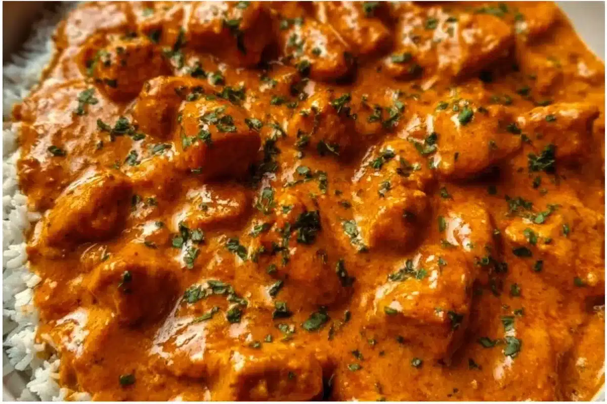 Delicious homemade butter chicken served with rice and naan
