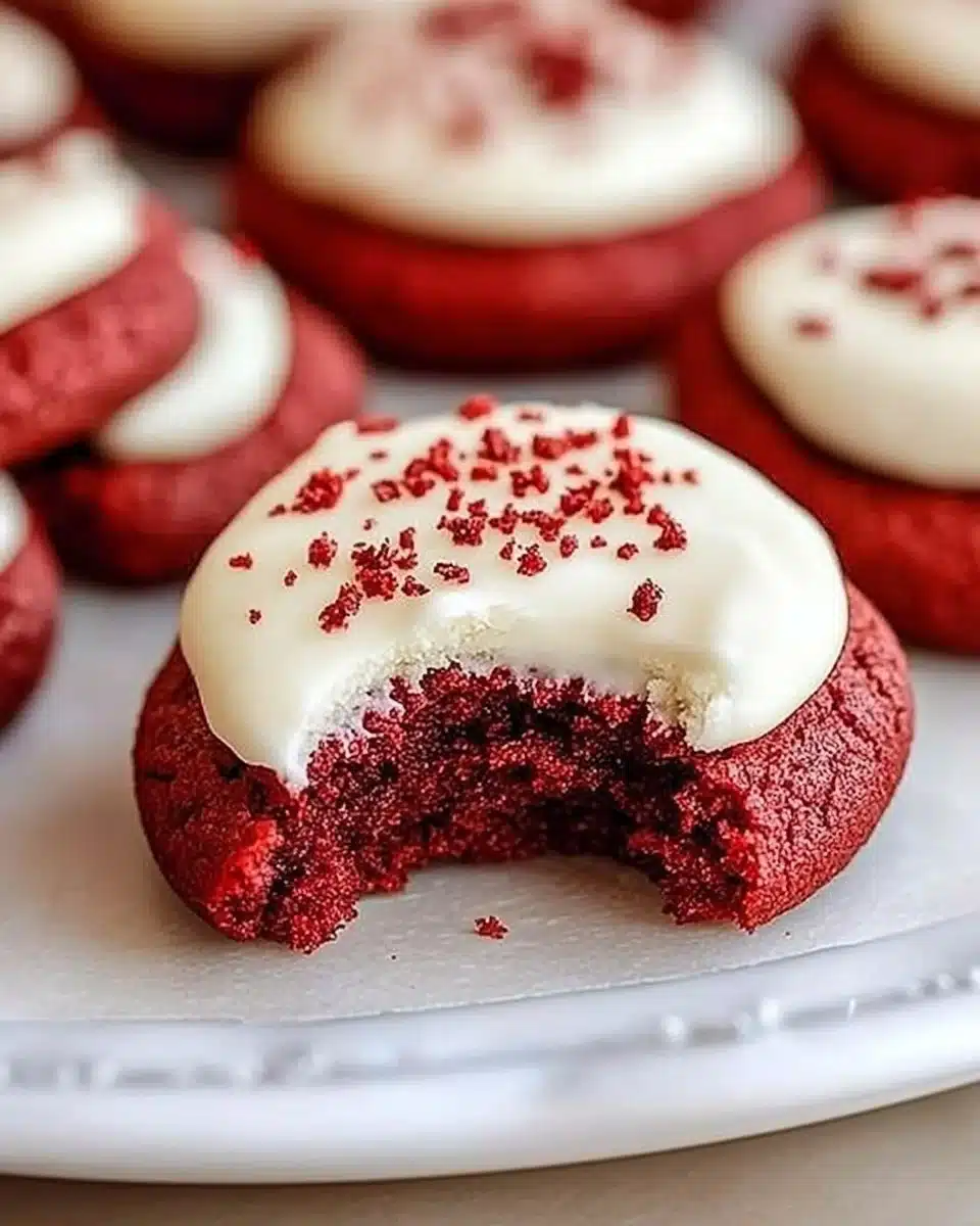 Red velvet cookies topped with smooth cream cheese frosting on a white plate