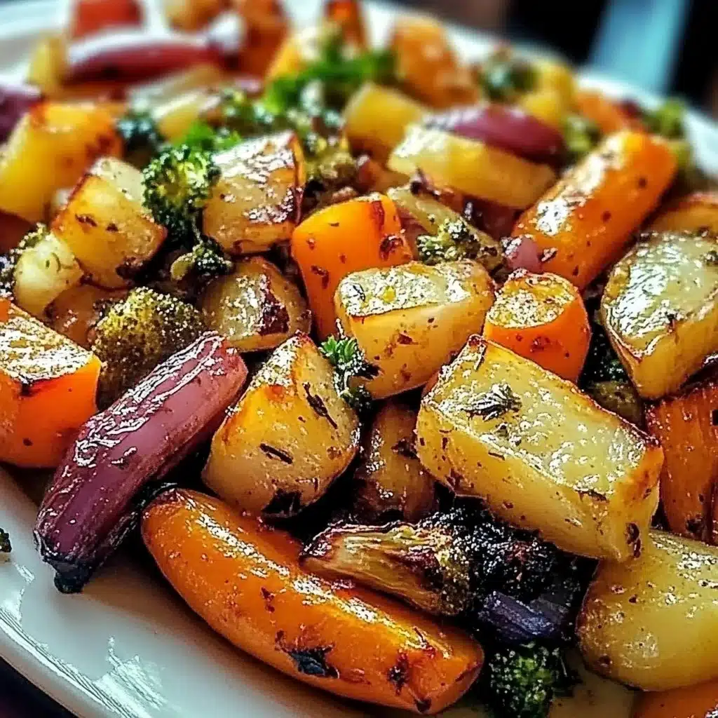 A colorful medley of roasted seasonal vegetables on a baking sheet.