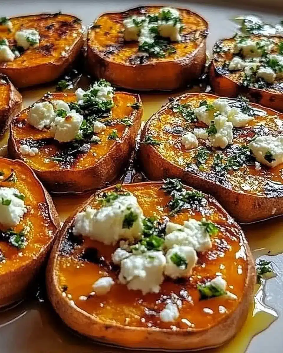 Roasted sweet potato rounds topped with honey and feta cheese, served on a plate.