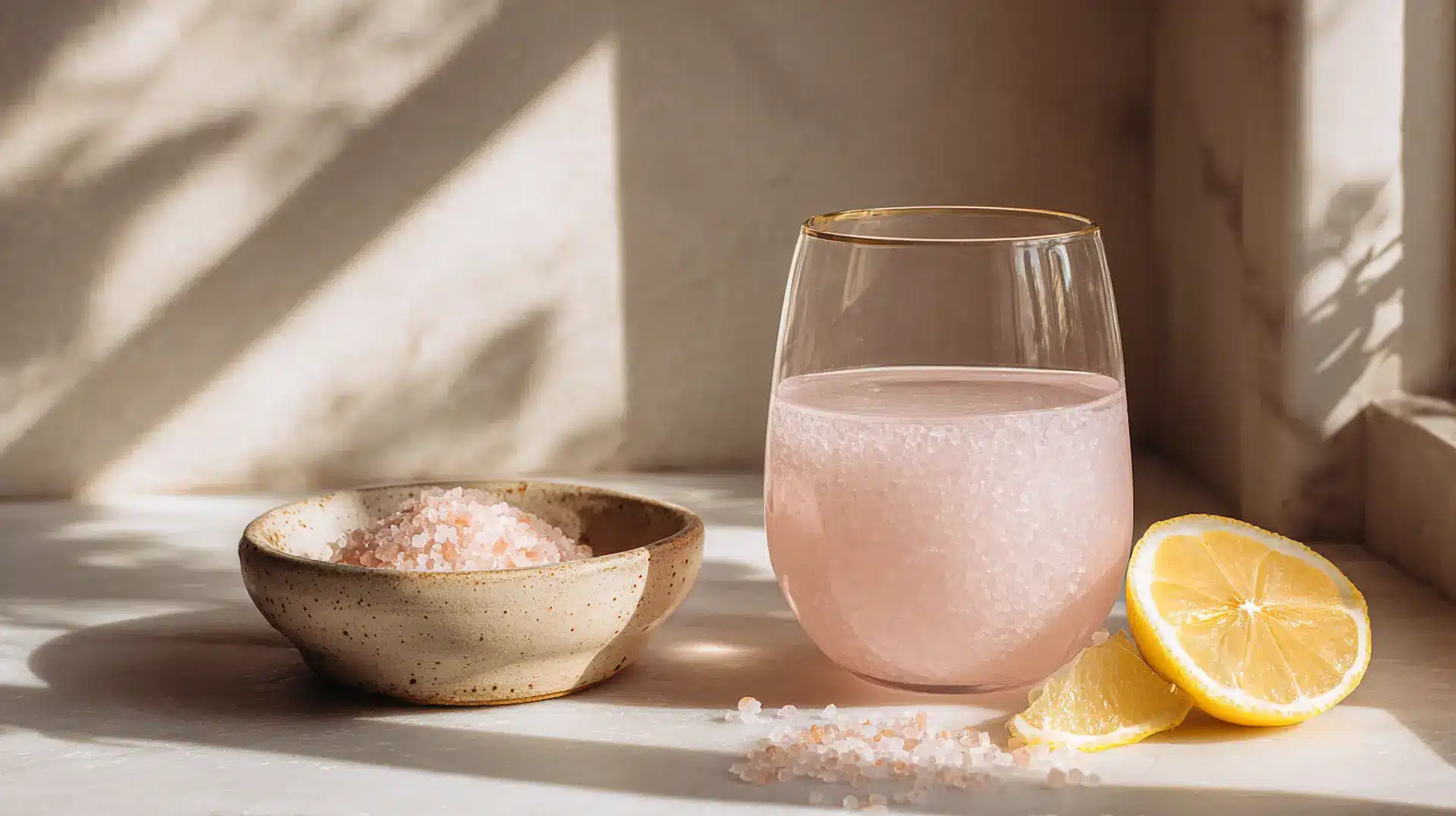 salt trick for women with pink himalayan salt lemon water in glass on marble counter