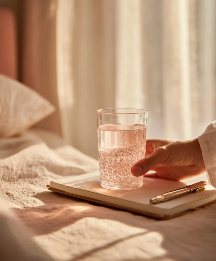 salt trick for women morning wellness routine with pink salt water and journal