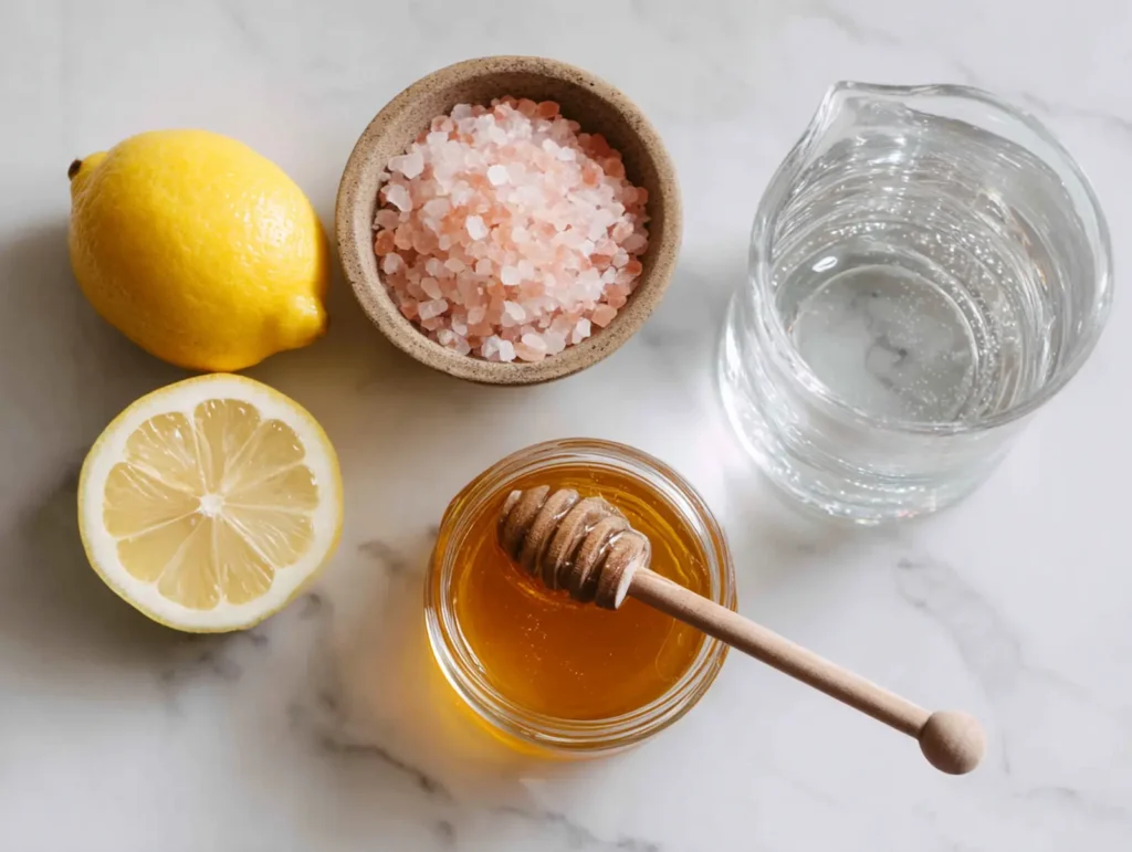 salt trick for women recipe ingredients including pink himalayan salt fresh lemon and honey