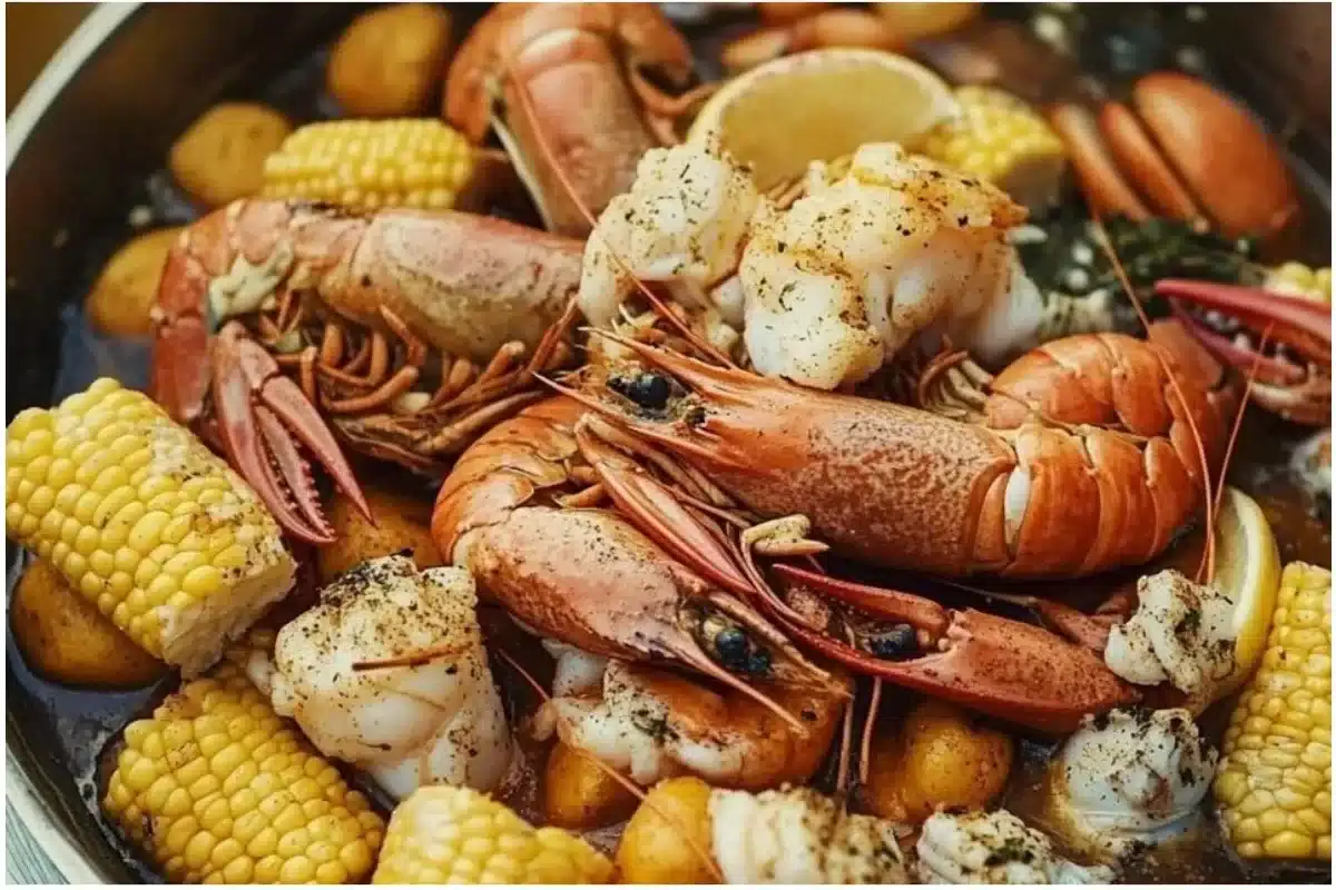 Delicious seafood boils served at a festive party, showcasing shrimp, crab, and spices.