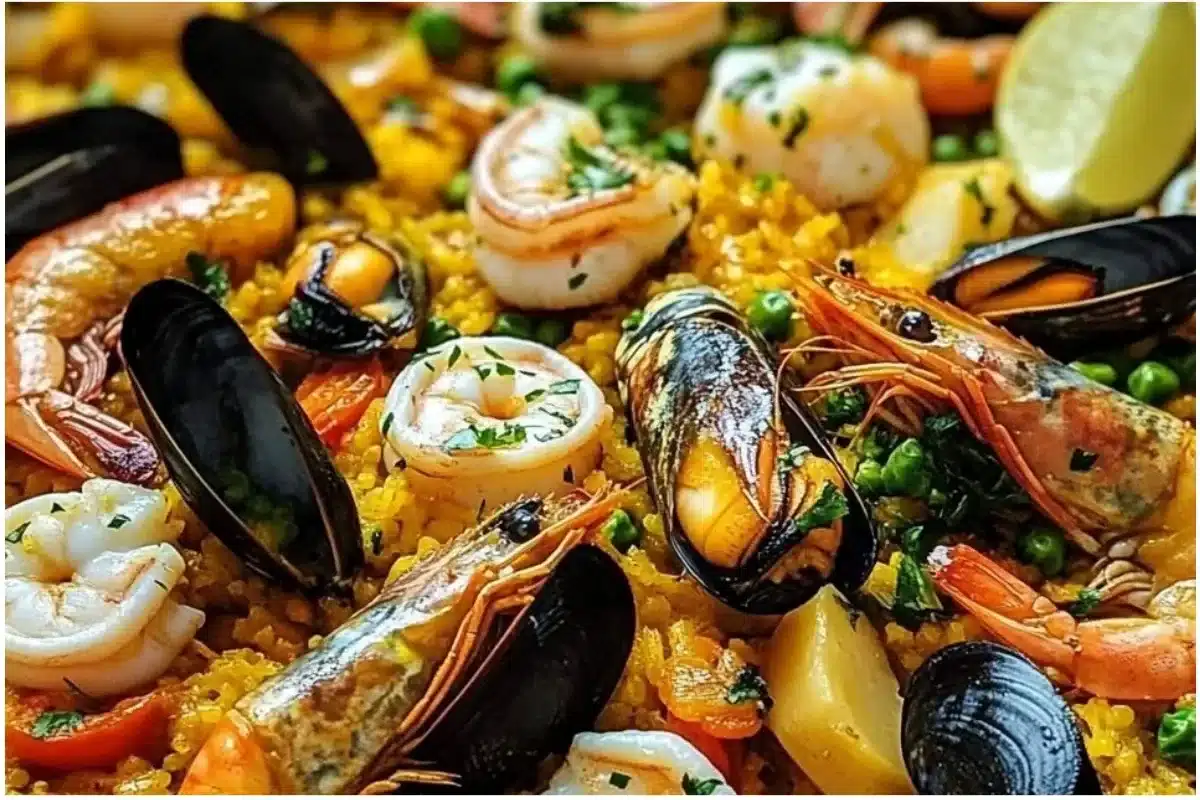 Delicious Seafood Paella with shrimp, mussels, and vegetables in a colorful dish.