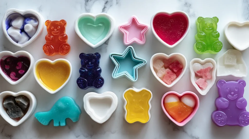 Various silicone molds for making homemade gummies in different shapes including bears, dinosaurs, and hearts