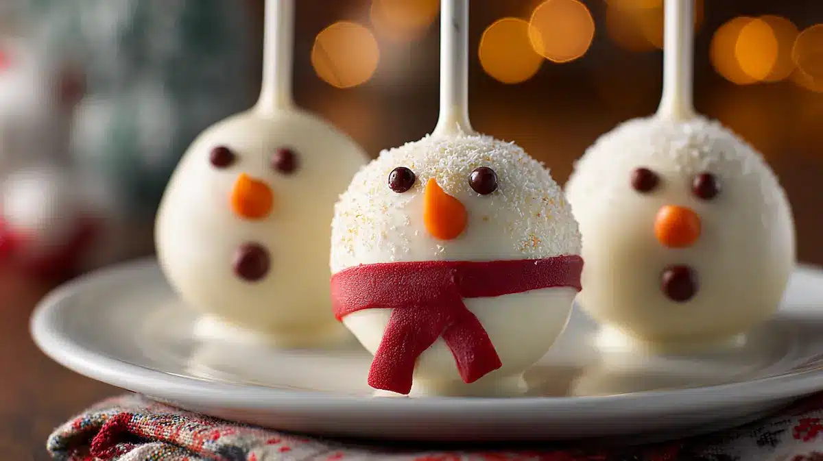 Winter-themed snowman cake pops decorated for festive celebrations