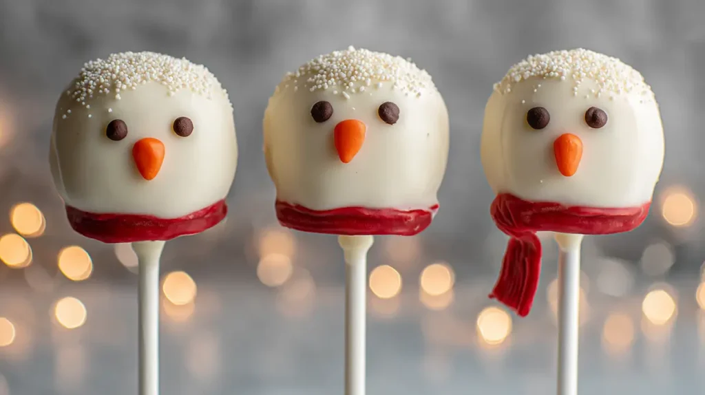 Snowman Cake Pops with piped red scarves and candy carrot noses