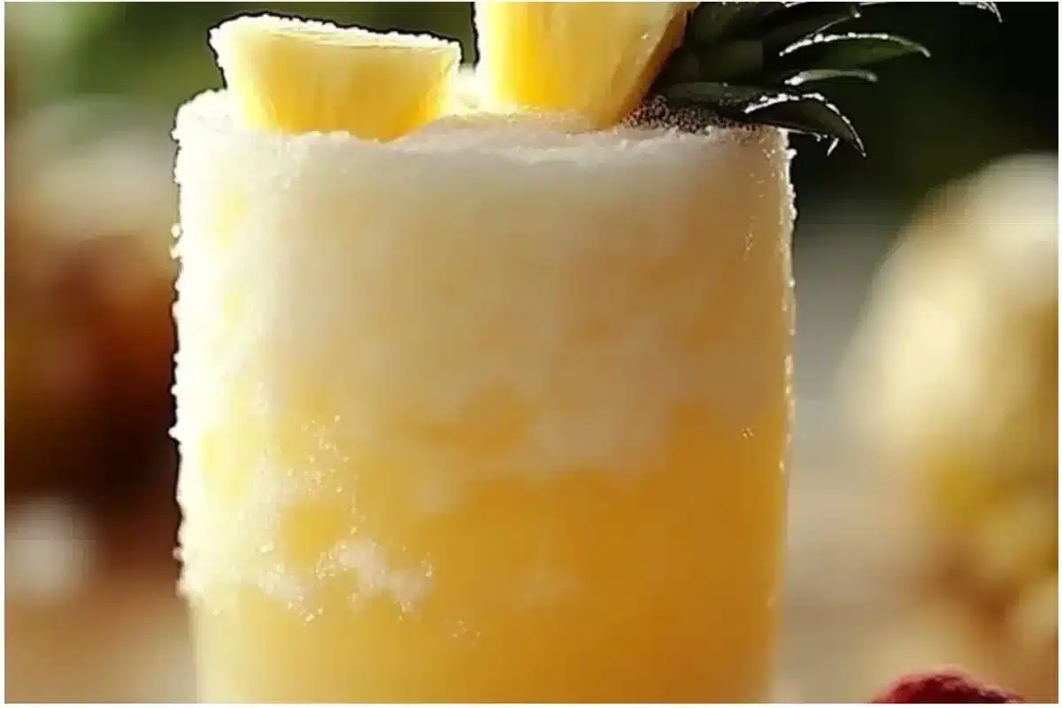 Snowy Pineapple Punch served in a glass with ice and pineapple slices