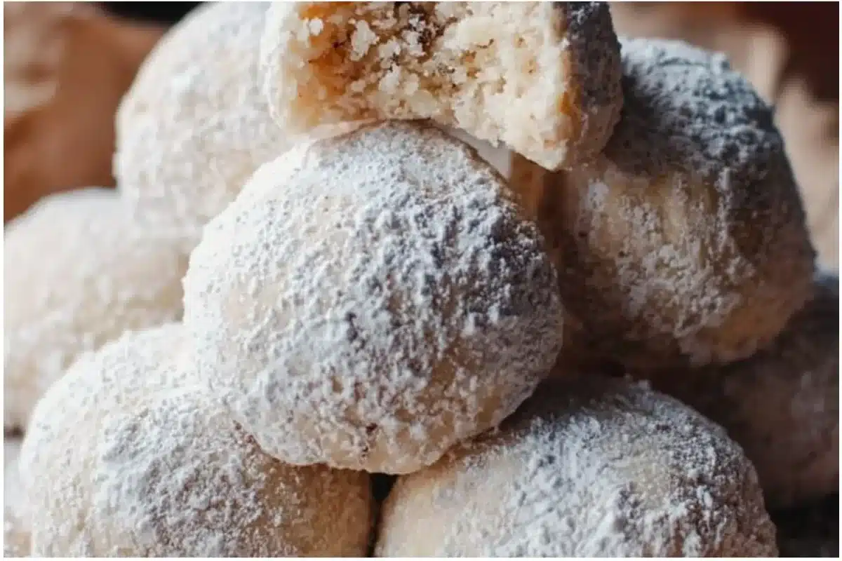 Soft homemade snowball cookies dusted with powdered sugar