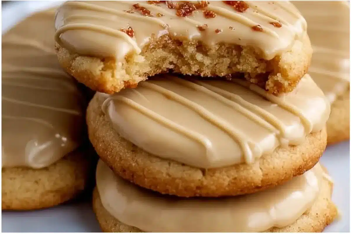 Delicious soft maple cookies with brown butter icing on a plate